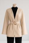 Kuşağı Tokalı Bol Kollu Kaşe Ceket Bej