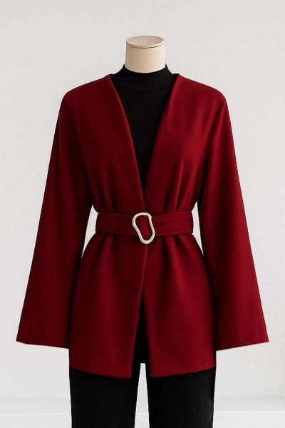 Kuşağı Tokalı Bol Kollu Kaşe Ceket Bordo