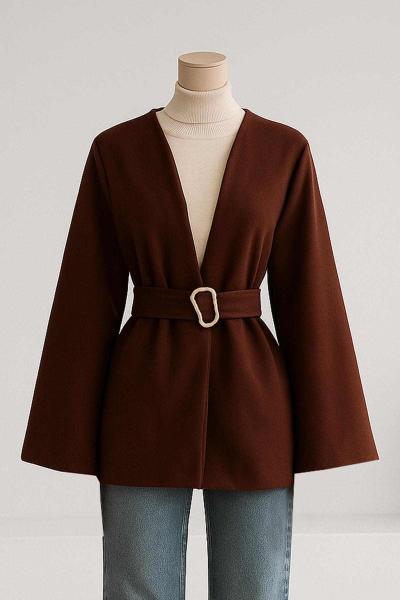 Kuşağı Tokalı Bol Kollu Kaşe Ceket Kahve