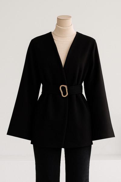 Kuşağı Tokalı Bol Kollu Kaşe Ceket Siyah