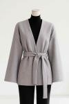 Yakasız Kuşaklı Oversıze Kaşe Ceket Açık Gri