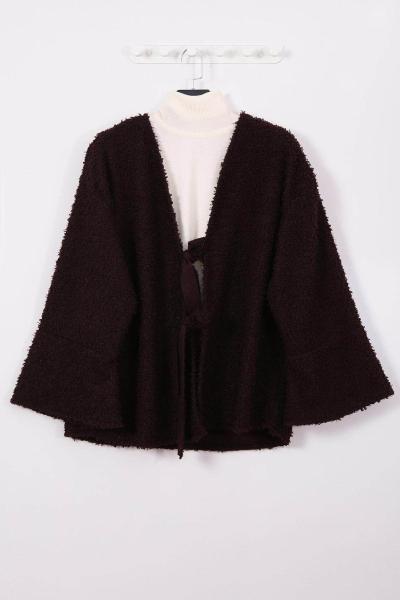 Önü İki Bağlamalı Kolu Parçalı Buklet Ceket Koyu Kahve