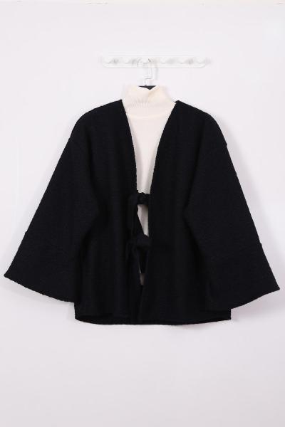 Önü İki Bağlamalı Kolu Parçalı Buklet Ceket Lacivert