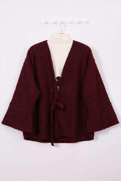 Önü İki Bağlamalı Kolu Parçalı Buklet Ceket Mürdüm