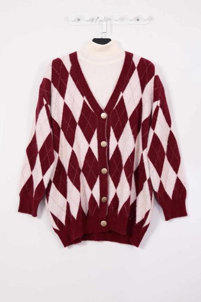 Sakal Simli Baklava Desenli Hırka Bordo