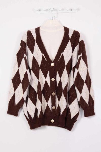 Sakal Simli Baklava Desenli Hırka Kahve