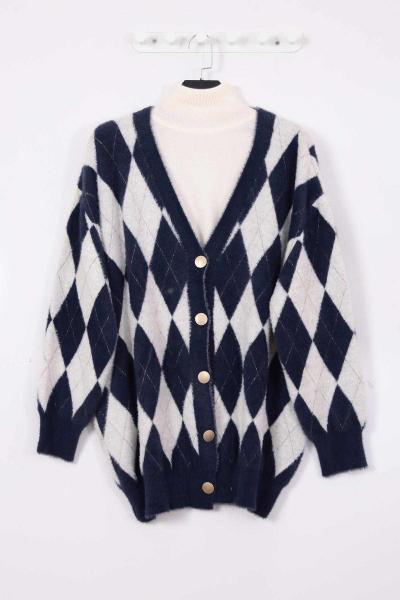 Sakal Simli Baklava Desenli Hırka Lacivert