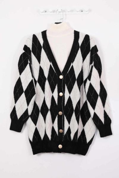 Sakal Simli Baklava Desenli Hırka Siyah