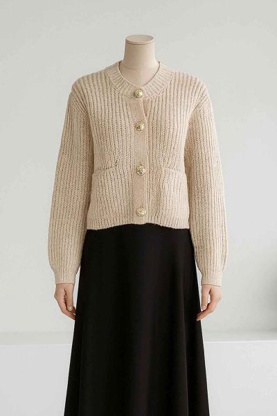 Dört Düğmeli Çift Cepli Triko Hırka Bej