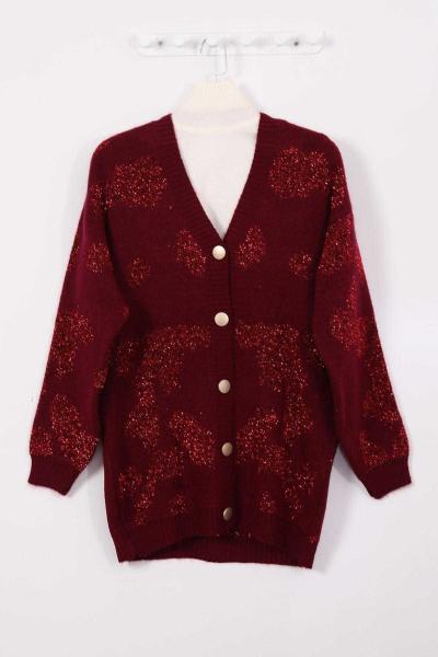 Şardonlu Simli Triko Hırka Bordo