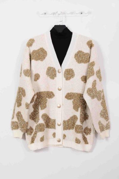 Şardonlu Simli Triko Hırka Ekru