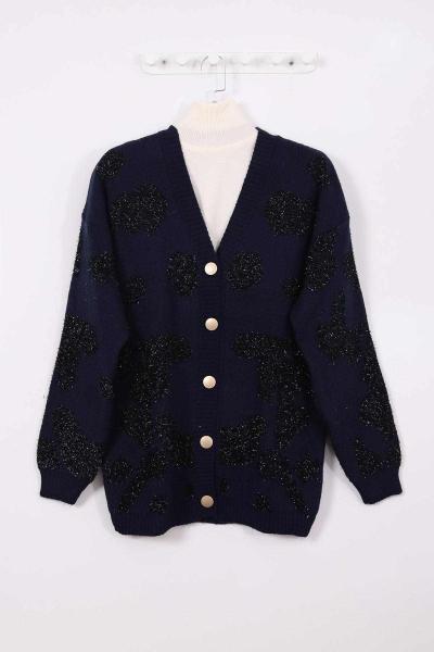 Şardonlu Simli Triko Hırka Lacivert