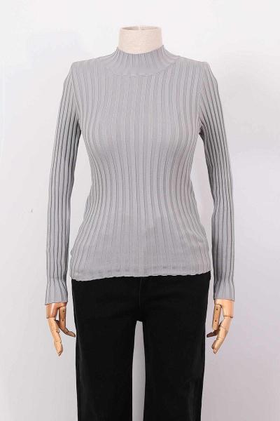 Dik Yaka Likralı Triko Bady Gri