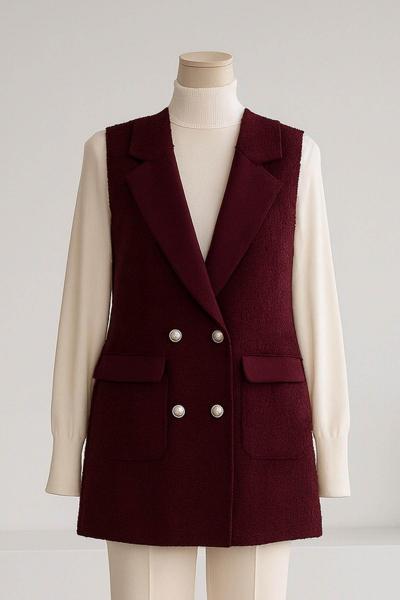 Metal Düğmeli Çift Cepli Buklet Yelek Mürdüm