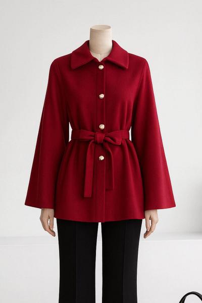 Beli Kuşaklı Düğmeli Oversıze Kaşe Panço Bordo