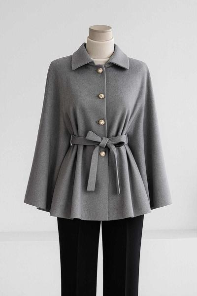 Beli Kuşaklı Düğmeli Oversıze Kaşe Panço Gri