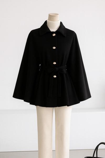 Beli Kuşaklı Düğmeli Oversıze Kaşe Panço Siyah