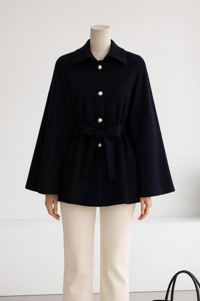 Beli Kuşaklı Düğmeli Oversıze Kaşe Panço Lacivert