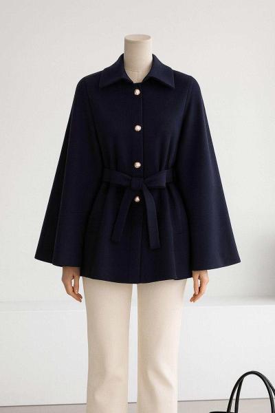 Beli Kuşaklı Düğmeli Oversıze Kaşe Panço Lacivert
