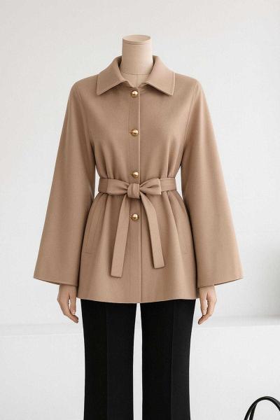 Beli Kuşaklı Düğmeli Oversıze Kaşe Panço Vizon