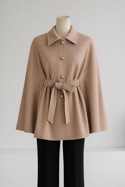 Beli Kuşaklı Düğmeli Oversıze Kaşe Panço Vizon