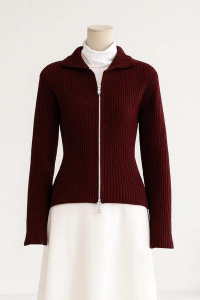 Polo Yaka Fermuarlı Fitilli Triko Hırka Bordo