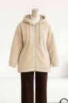 Kapşonlu Fermuarlı Peluş Mont Bej