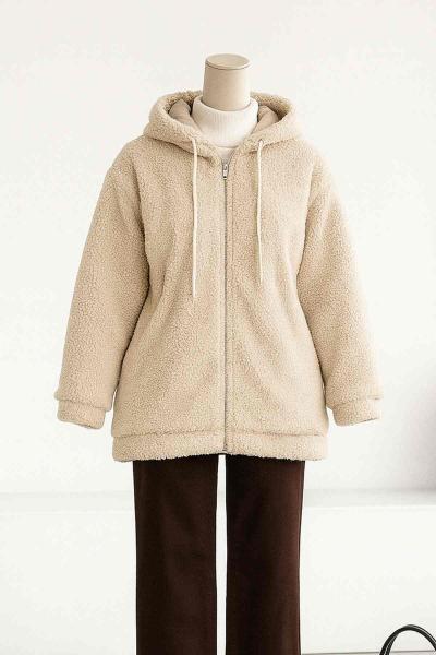 Kapşonlu Fermuarlı Peluş Mont Bej