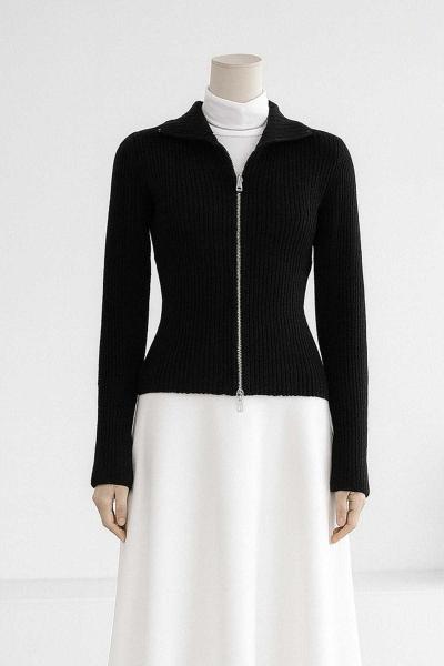 Polo Yaka Fermuarlı Fitilli Triko Hırka Lacivert