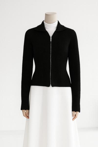 Polo Yaka Fermuarlı Fitilli Triko Hırka Siyah