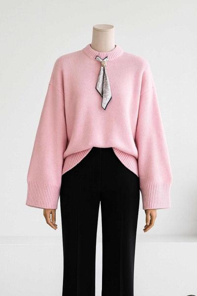 Sıfır Yaka Fularlı Triko Kazak Pembe
