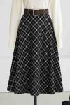 Deri Kemerli Ekoseli Çan Etek Siyah