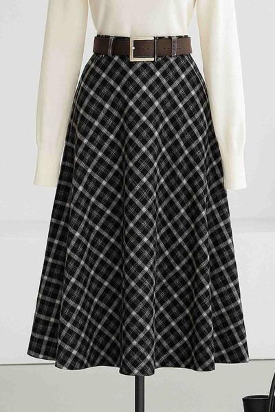 Deri Kemerli Ekoseli Çan Etek Siyah