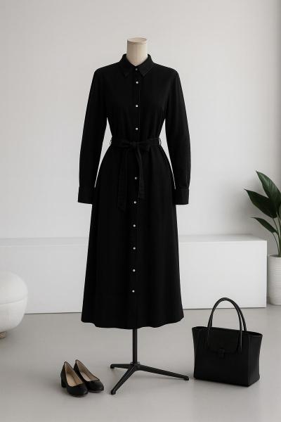 Düğmeli Uzun Klasik Model Kot Elbise Antrasit