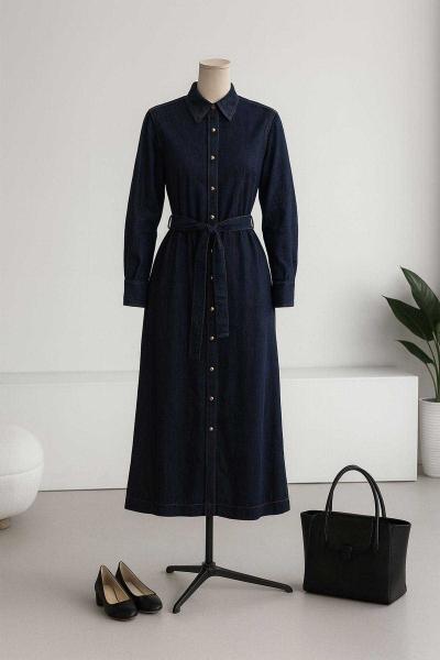Düğmeli Uzun Klasik Model Kot Elbise Lacivert