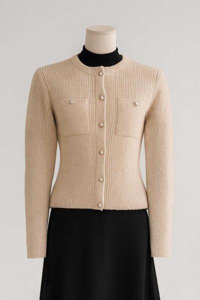 Çift Cepli Fitilli Triko Hırka Açık Bej