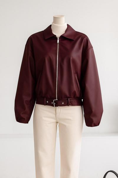 Beli Kemerli Fermuarlı Deri Mont Bordo