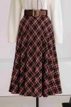 Beli Kemerli Ekoseli Çan Etek Bordo