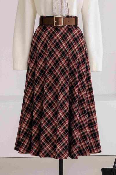 Beli Kemerli Ekoseli Çan Etek Bordo