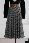 Beli Kemerli Ekoseli Çan Etek Gri Siyah
