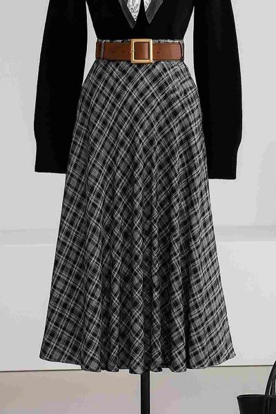 Beli Kemerli Ekoseli Çan Etek Gri Siyah