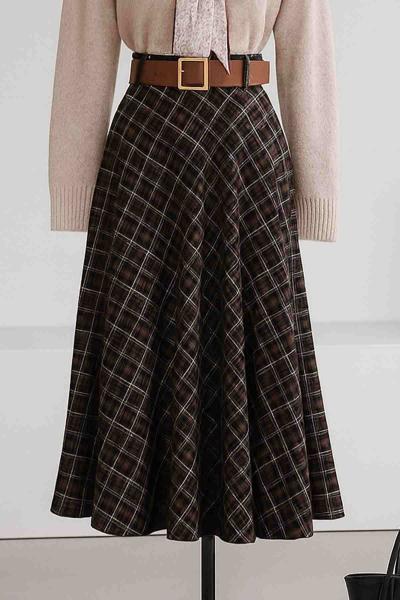 Beli Kemerli Ekoseli Çan Etek Koyu Vizon