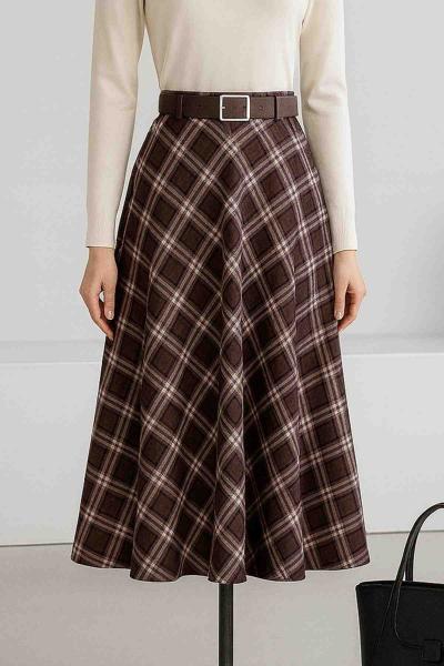 Deri Kemerli Ekoseli Çan Etek Sütlü Kahve