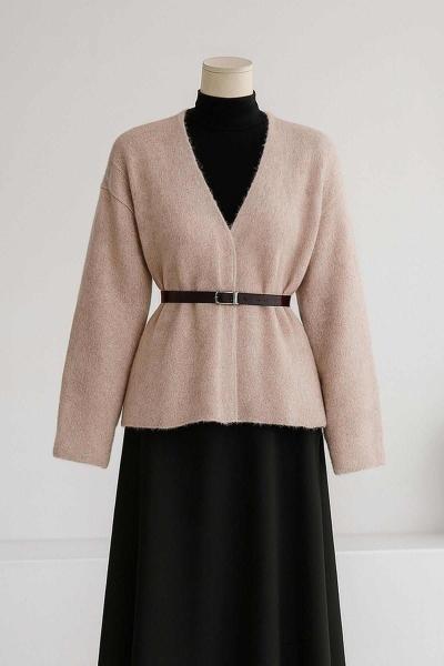 Deri Kemerli Kruvaze Triko Hırka Bej