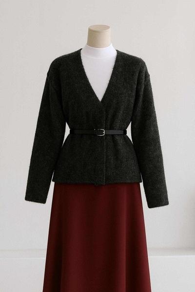 Deri Kemerli Kruvaze Triko Hırka Füme