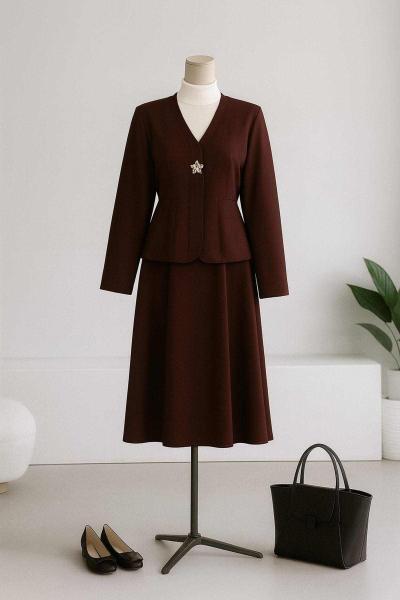 Üstü Çiçek Düğmeli Dikişli Scuba EtekliTakım Kahve