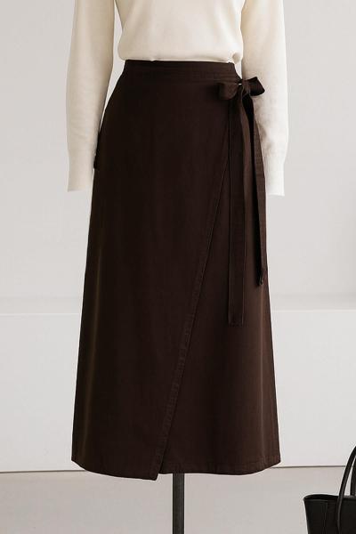 Kapaklı Bağlama Detaylı Kot Etek Kahve