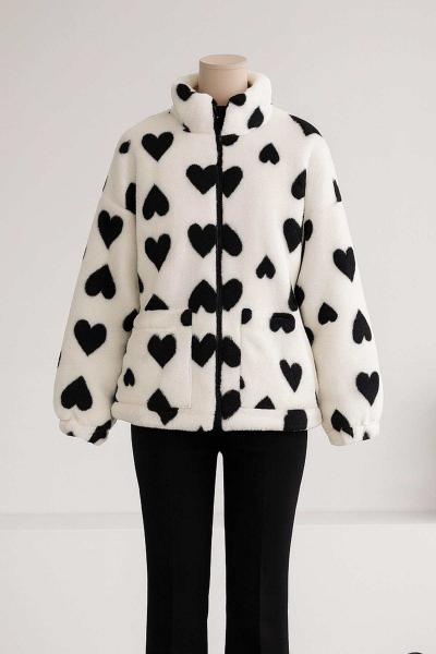 Çift Cepli Kalp Desenli Peluş Mont Ekru