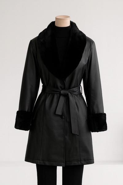 Yakası Kolları Kürk Detaylı Deri Trençkot Siyah