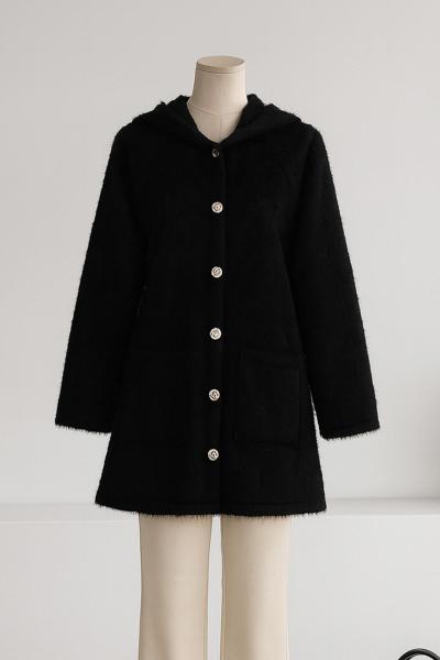 Kapşonlu Çift Cepli Kürk Kaban Siyah